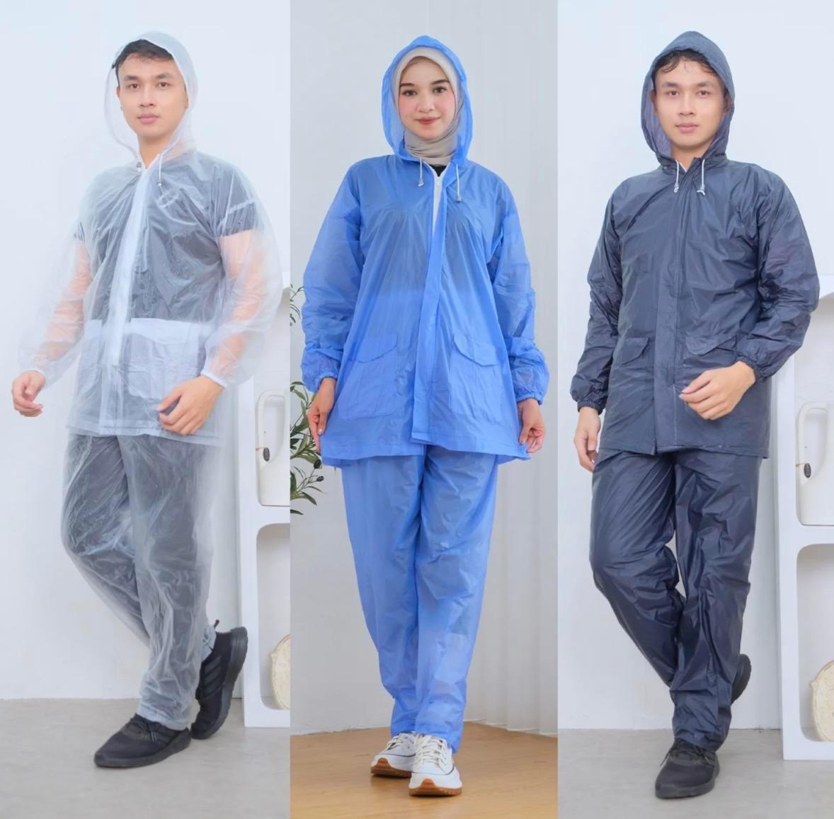 Satu Stel Jas Hujan Jaket Celana Hemat Elephant Brand Bahan PVC Warna Hitam Putih Biru