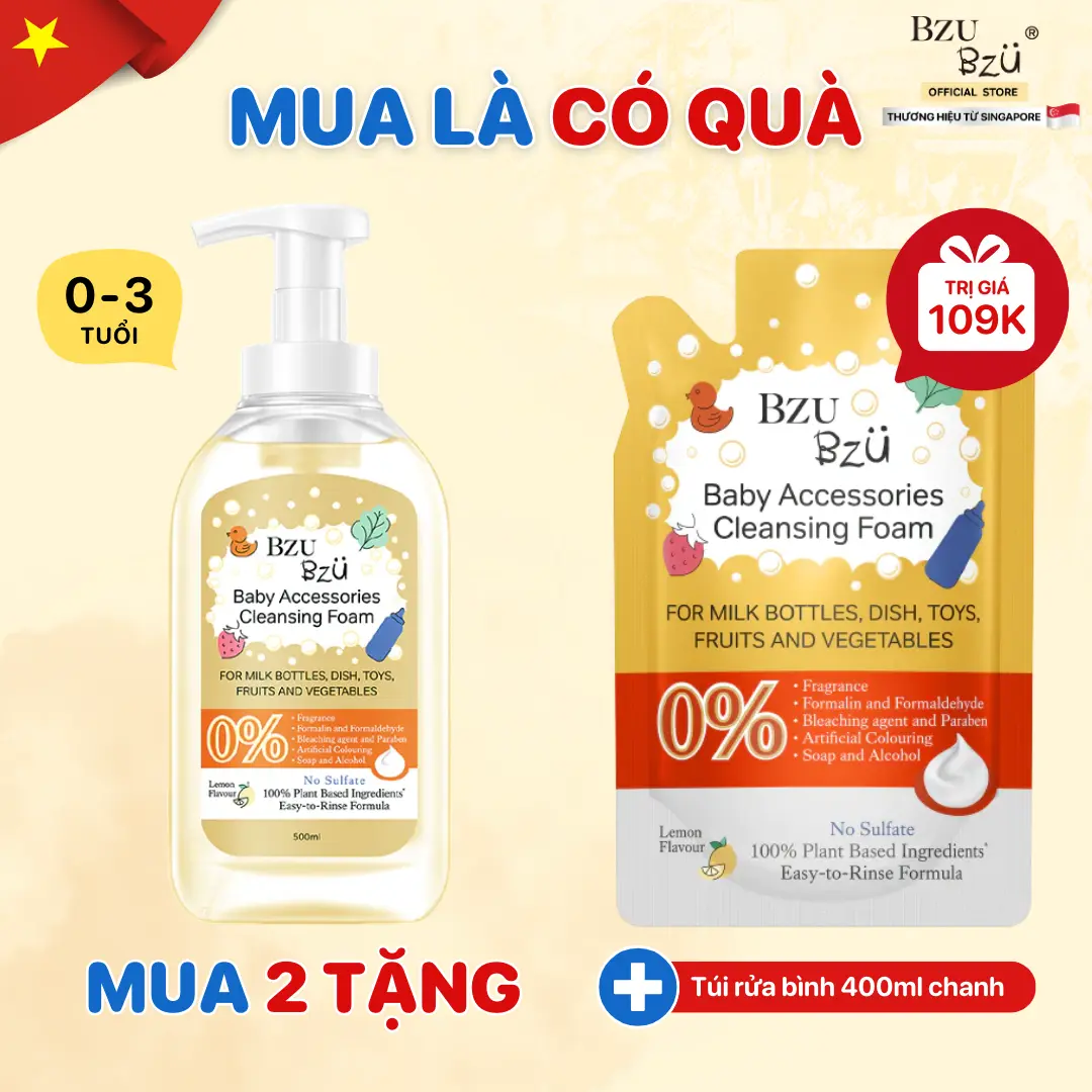 Nước Rửa Bình Sữa Và Đồ Dùng Em Bé BZU BZU Baby Accessories Cleansing Foam Tạo Bọt Chai 500ml Hương Chanh
