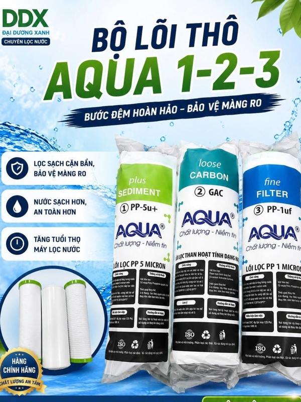 Bộ lõi lọc thô 123 Aqua | Combo 3 lõi lọc nước Aqua, lọc cặn, khử Clo, dùng cho máy RO gia đình
