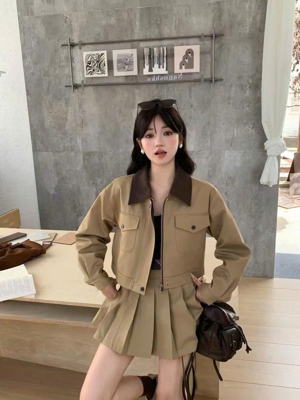 ( Chất Kaki Mềm , Mỏng Nhẹ Thu Đông ) Set Bộ Nữ Áo Khoác Pha Cổ Kéo Khoá Mix Chân Váy Xếp Ly MS363