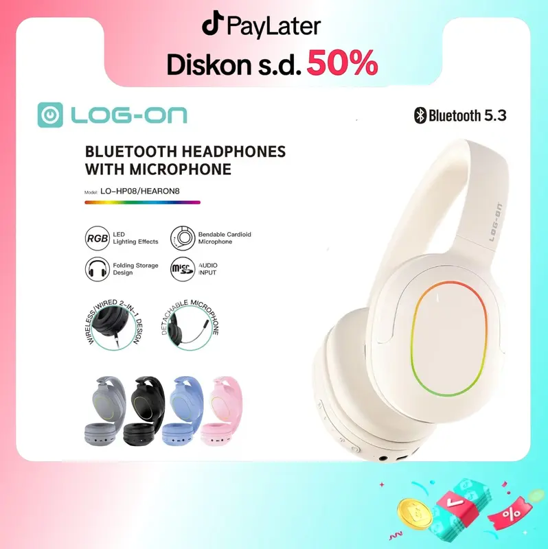 LOG-ON HEADPHONE STEREO   WIRELESS BT5.3 WIRED 2IN1 HEARON8 LO-HP8 Bluetooth Headset Led Microphone Earphones  Headphones  Pc full bass 0