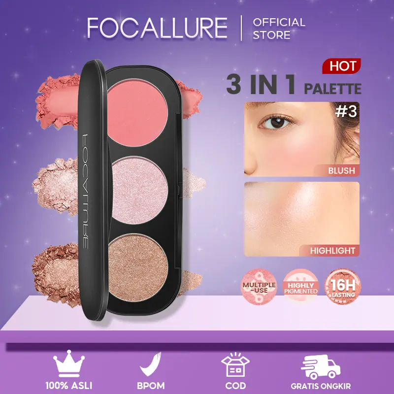 [Official] FOCALLURE 3 in 1 Shimmer Highlighter & Matte Blusher Palette