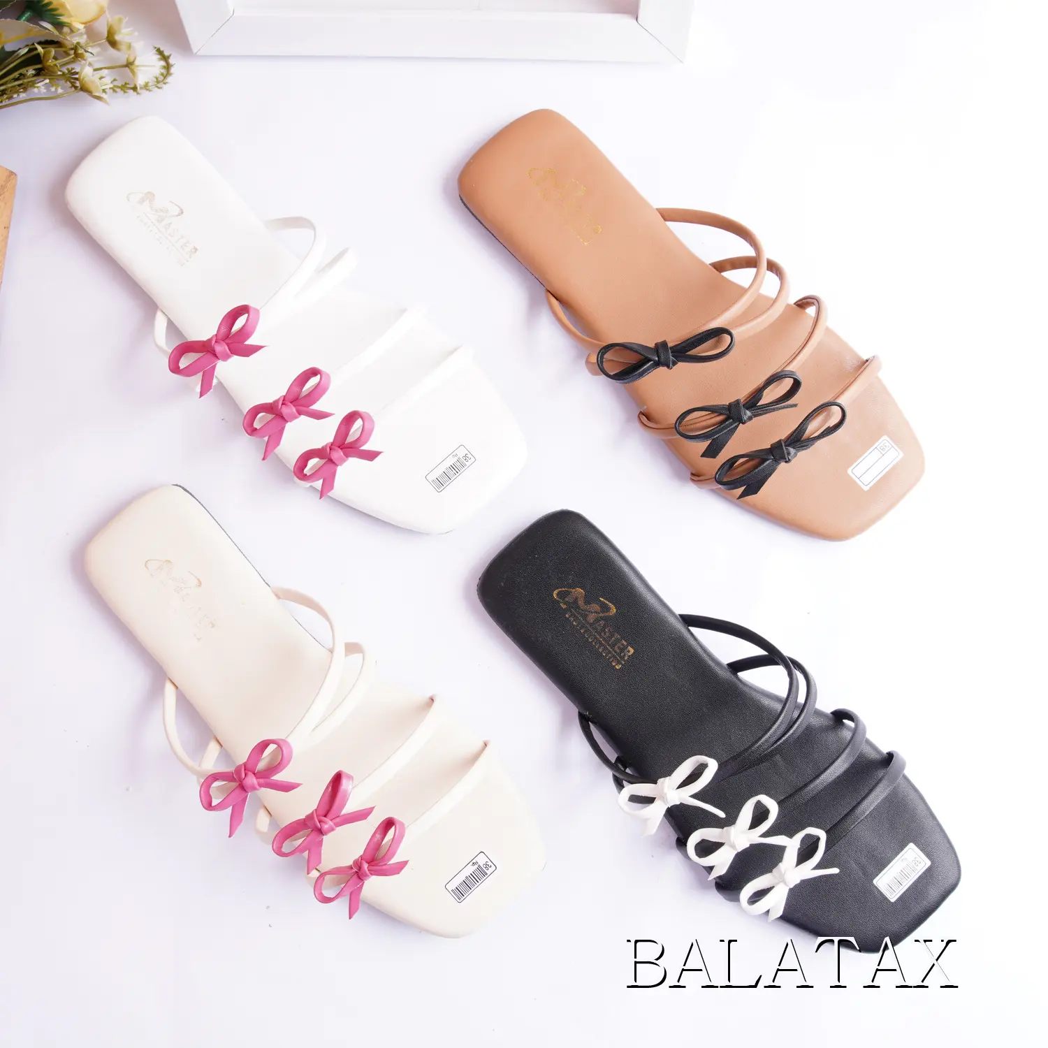 BALATAX Sandal Teplek Slop Tali Pita Wanita Kombinasi Warna Elegan, Flat Kekinian, Sandal Selop Kasual Santai, Sendal Cewek Tali Silang Dasi, Model Korean Style Terbaru 2025