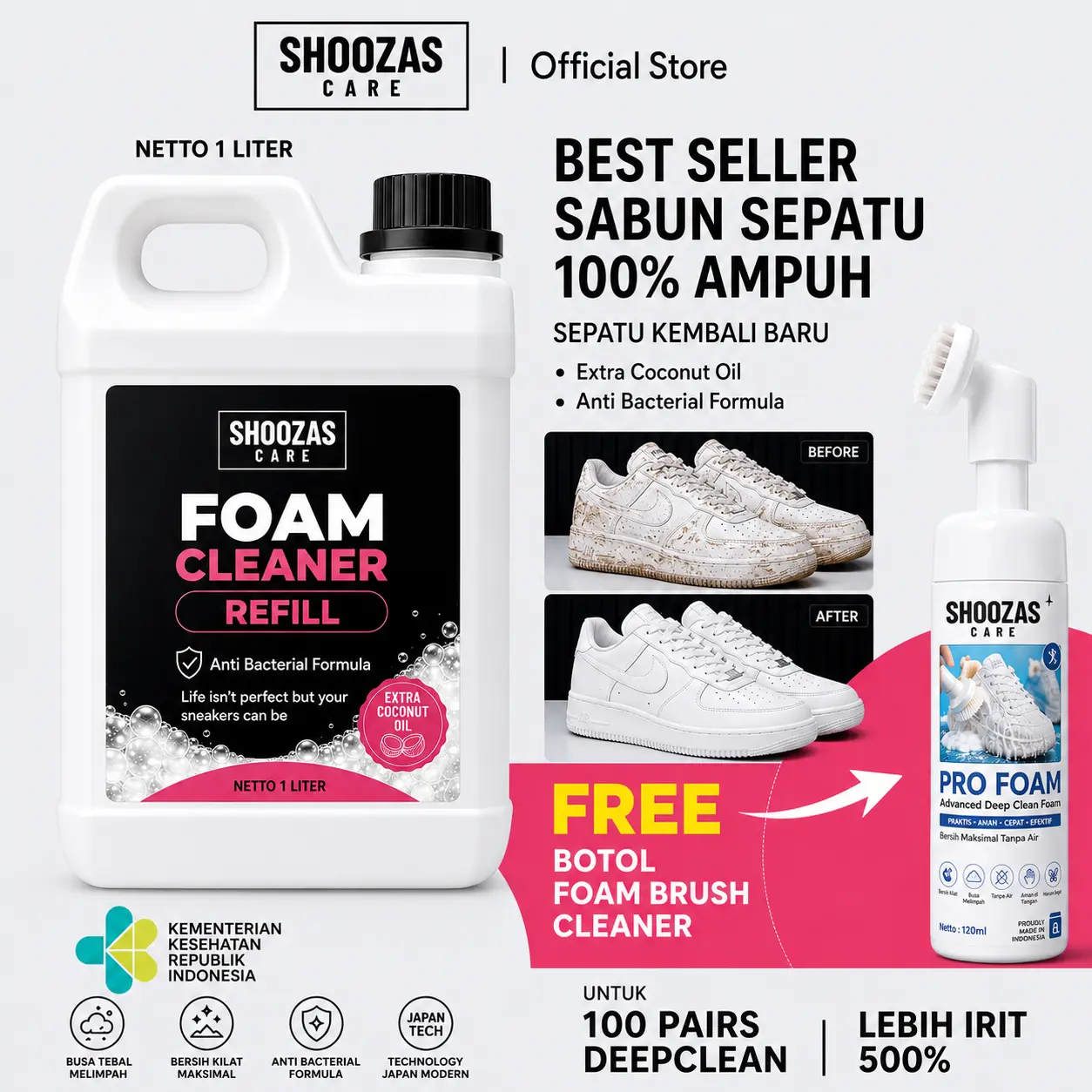 Shoozas Care - Refill Shoe Foam Cleaner 1liter FREE Botol Foam Brush Instant Cleaner 120ml LIMIDED EDITION Pembersih Sepatu & Serbaguna