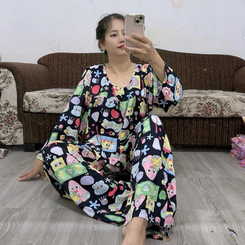 H-93.Đồ Bộ Tole Lanh Quần Dài Áo Tay Lỡ Nữ Mặc Nhà Size 63-120kg . Màu Sắc Họa Tiết Da Dạng