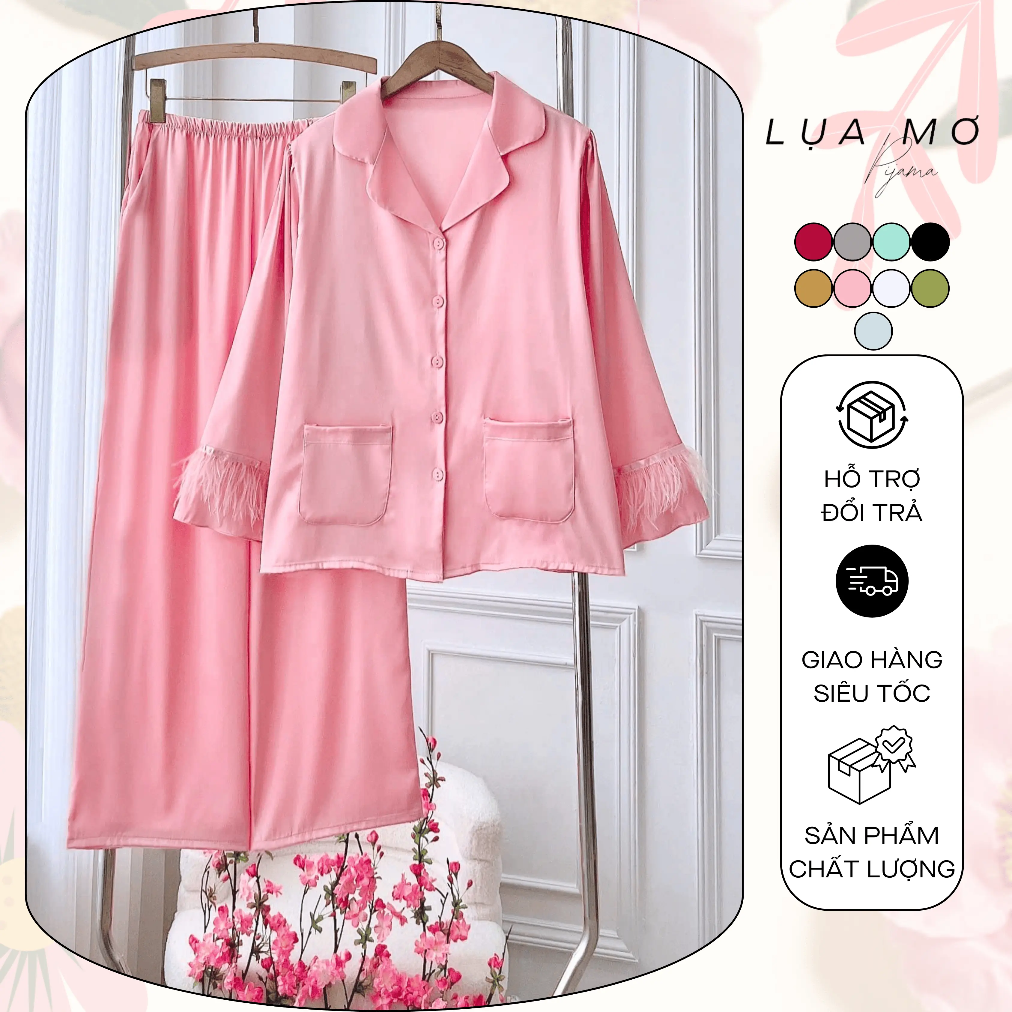 Pijama Tiểu Thư Tay Dài Đính Lông Vũ Cao Cấp 9 màu, Form 45-65kg, Vải Lụa Latin cao cấp form dành cho nữ LM37 Women pijama  ladder Kem Voi