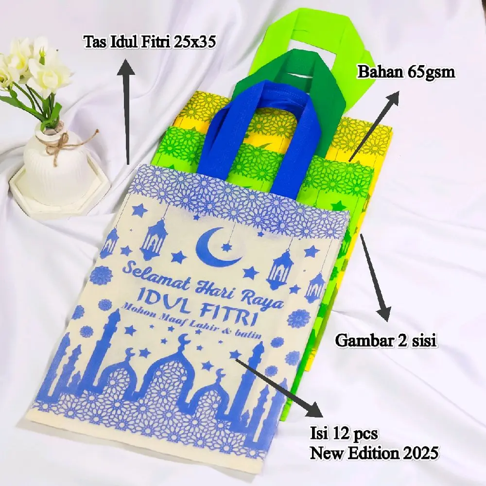 Goodiebag idul Fitri 25x35 Tas Kain Spunbond Ekonomis isi 12 pcs Belanja