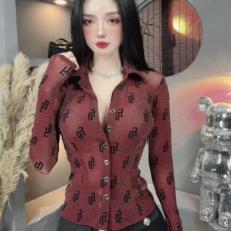 Bích Hạnh Store - A581 Áo Sơ Mi Thun Lưới Nhũ Kim Tuyến 1 Lớp Mỏng Ôm Dáng Chất Liệu Sang Trọng Phong Cách Hiện Đại