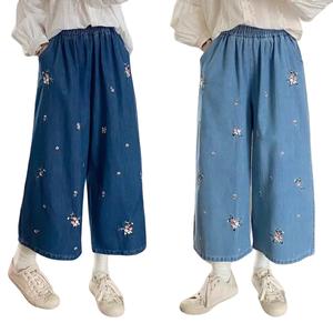 high quality It is breathable and cool. Mori Embroidered Small Flower Denim Straight Pants for Women Loose Versatile Age-Reducing Wide-Leg Cropped Pants for Women