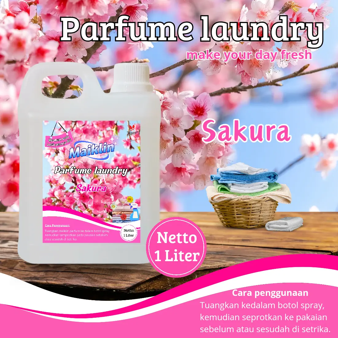 Parfum Laundry Tahan Lama 1 liter Sakura | Parfum laundry wangi tahan lama | Pengharum pakaian anti apek