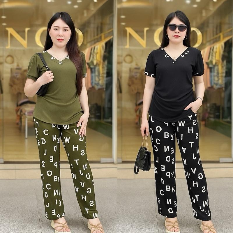 ( Bigsize 60kg-95kg) Sét bộ quần dài suông nhẹ in họa tiết chữ áo cổ tim nhún eo mẫu mới - vải thun tăm lạnh co giãn 2 màu