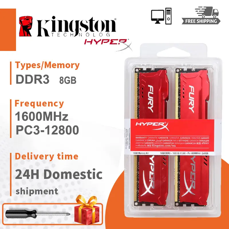Kingston HyperX FURY 16GB (2X8GB) DDR3 RAM 1600MHz หน่วยความจำสำหรับเดสก์ท็อป 240 พิน DIMM หน่วยความจำสำหรับเล่นเกม-สีแดง