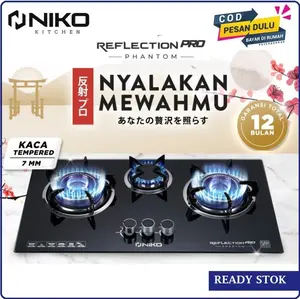 Niko Kompor Gas Tanam 3 Tungku Kaca - Reflection Pro Phantom Black Meja Hitam