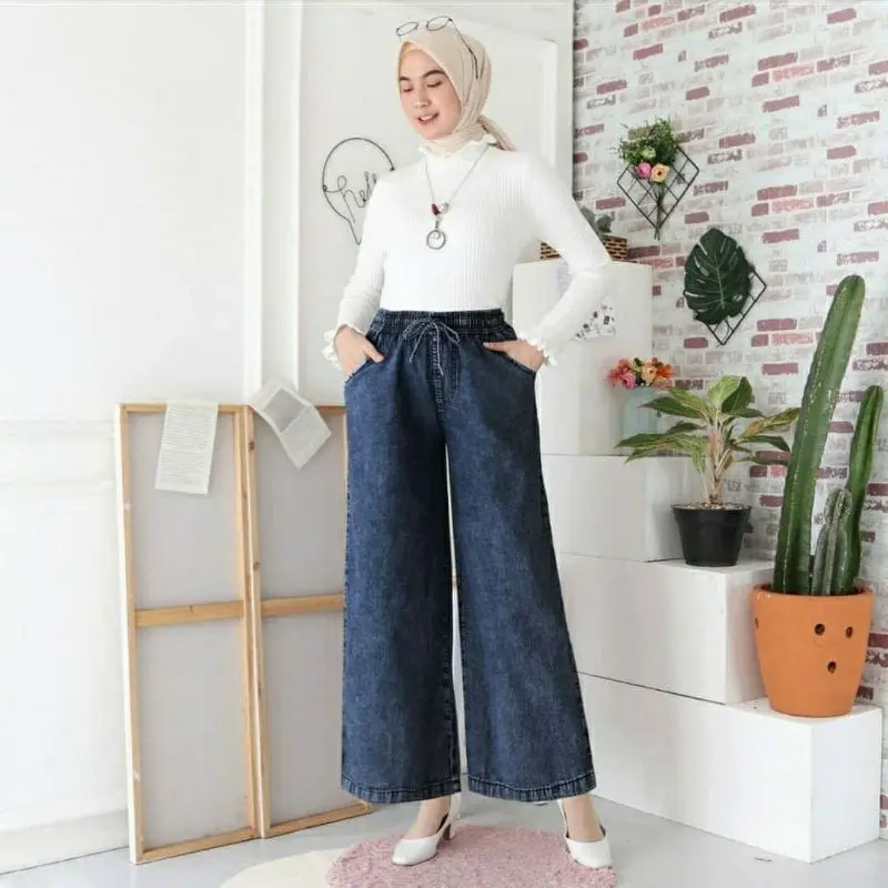 Celana Kulot Paula Jumbo Snow Palazzo Jeans dengan Tali Gesper dan Pinggang Karet - Nyaman Denim Wanita Panjang Dewasa Rawis Cewek 5