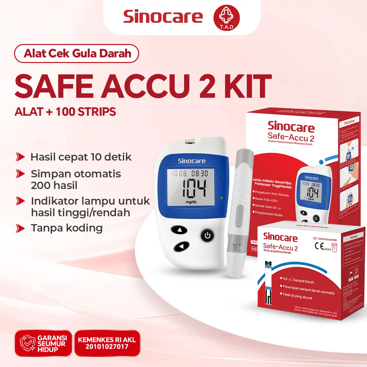 Sinocare Alat Tes Gula Darah Safe Accu2 Praktis Instant BGM 200 Memori HCT 30-60%