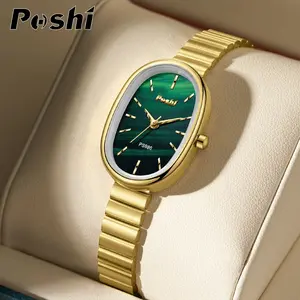 (002 harga telah diganti, cepat beli) Jam Tangan Wanita Poshi Desain Oval Mewah, Dial Hijau Elegan, Warna Emas Berkilau, Tali Stainless Steel Tahan Lama PS986 jam rantai Watches