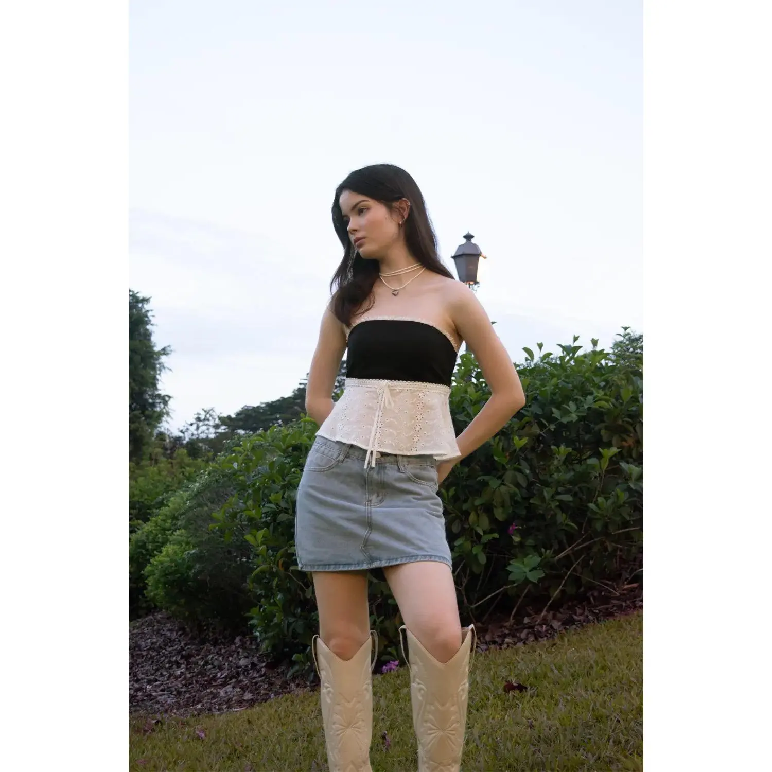 Clemence Lace Ribbon Padded Flared Tube Top