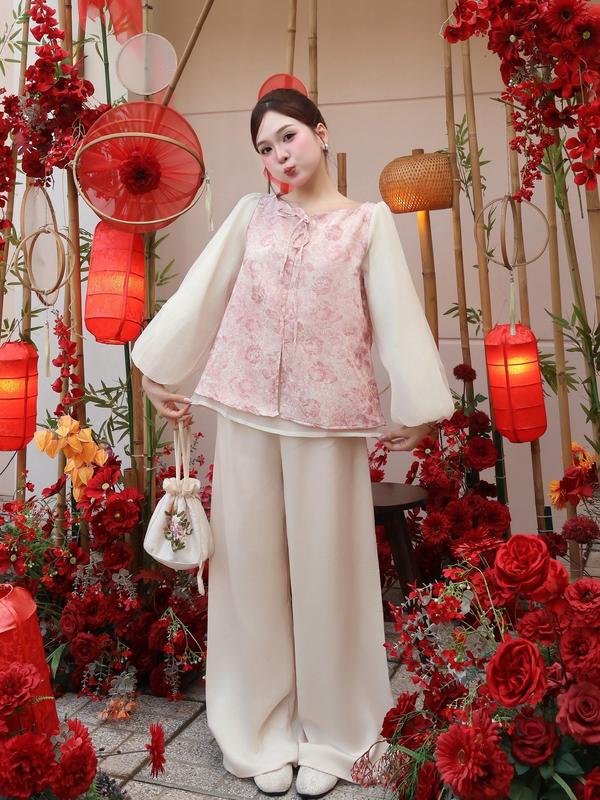  Set áo họa tiết thắt nơ cổ lượn sóng tay phồng quần lụa lưng chun Ảnh thật sẵn 