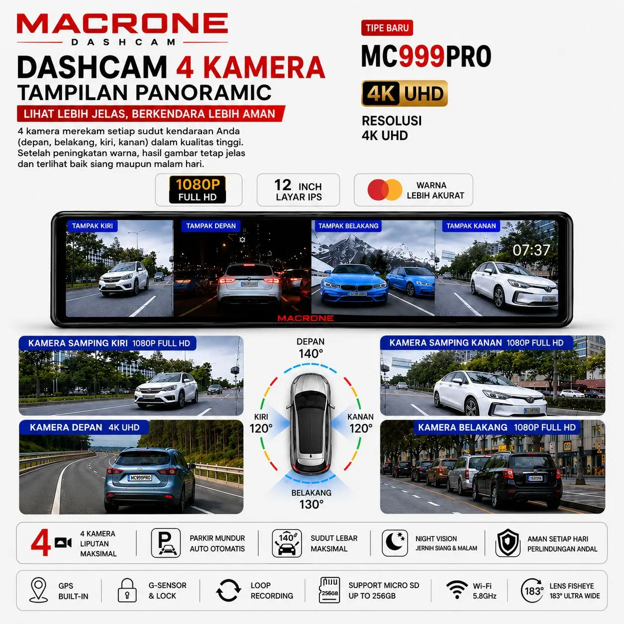 Dashcam DVR Mobil 4 Kamera 4K MACRONE MC999PRO ADAS BSD GPS WiFi 5.8GHz 360° Surround View Parking Monitor
