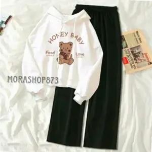 Morashop873 | Setelan Hoodie HONEY BABY | Setelan Sweater Hoodie+Celana Kulot | Setelan Anak Remaja Tanggung Cewek | BISA COD | best seller