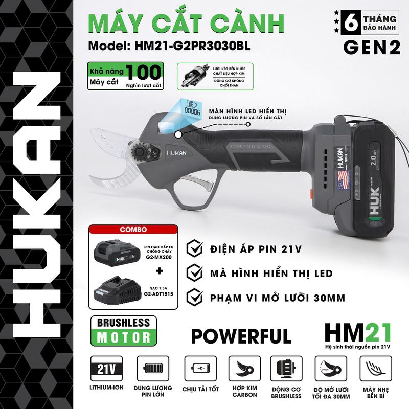 Hukan [GEN 2] Kéo cắt cành nhỏ Hukan 3030s, đường lưỡi 30mm - 40mm, chân pin phổ thông, động cơ không chổi than, màn hình LED, bảo hành 6 tháng