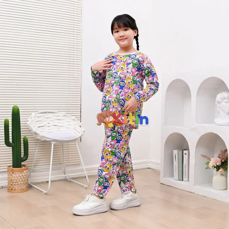 KITIN - SETELAN BAJU TIDUR DAN PIYAMA ANAK CEWEK/PEREMPUAN MOTIF FULL PRINTING LABUBU MONSTER UKURAN 4-12 TAHUN BAHAN KAOS 2