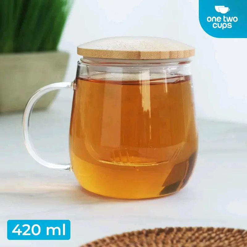 Gelas Cangkir Teh Tea Cup Aesthetic Mug with Infuser Filter Saringan Kaca Tutup Kayu 420ml 0