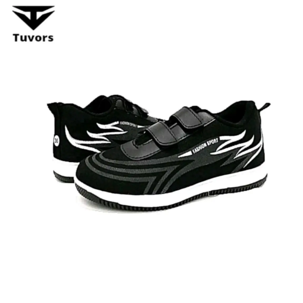 sepatu anak sekolah motif api perekat tanpa tali hitam putih fashion size 32-37