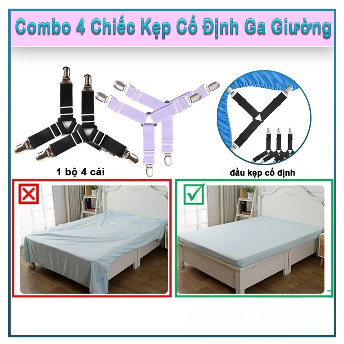 Combo 4 Kẹp Ga Giường Chống Xê Dịch, 3 Đầu Kẹp Dây Dù Co Giãn Tốt, Đầu Kẹp Inox 304