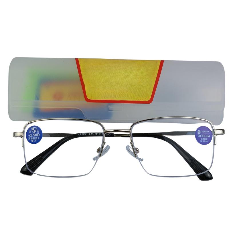 Kính lão cao cấp chế tác từ Trung Quốc, dạng vuông nửa viền, gọng kim loại chống gỉ, tròng polarized chống trầy, từ 1.0-