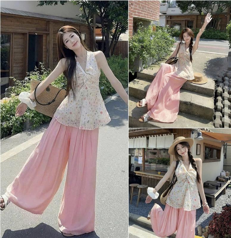  Sét áo tơ thêu hoa cổ yếm xoắn ngực mocking sau kèm quần đũi ống rộng trẻ trung sang chảnh 