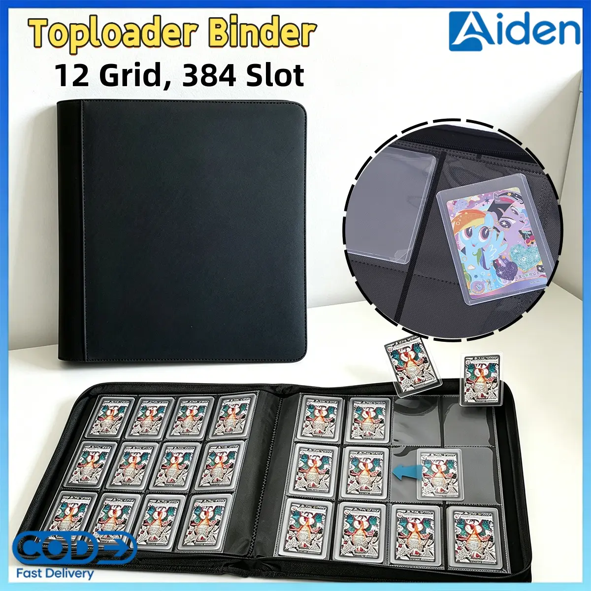 1 Buah Toploader Binder Zipper Card Binder, Bahan Kulit PU, 24 Kantong Per Halaman, 384 Slot, 16 Lembar Halaman, Side Load, Toploader, Kartu Game, Photocard KPOP, Wadah Kartu