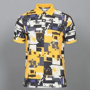 Polo Tshirt Kerah Full Printing Pria Lengan Pendek Edisi Retro Terbaru M-XXL Gaya Ikonik Nyaman dengan Desain Geometris Kuning Biru shirt