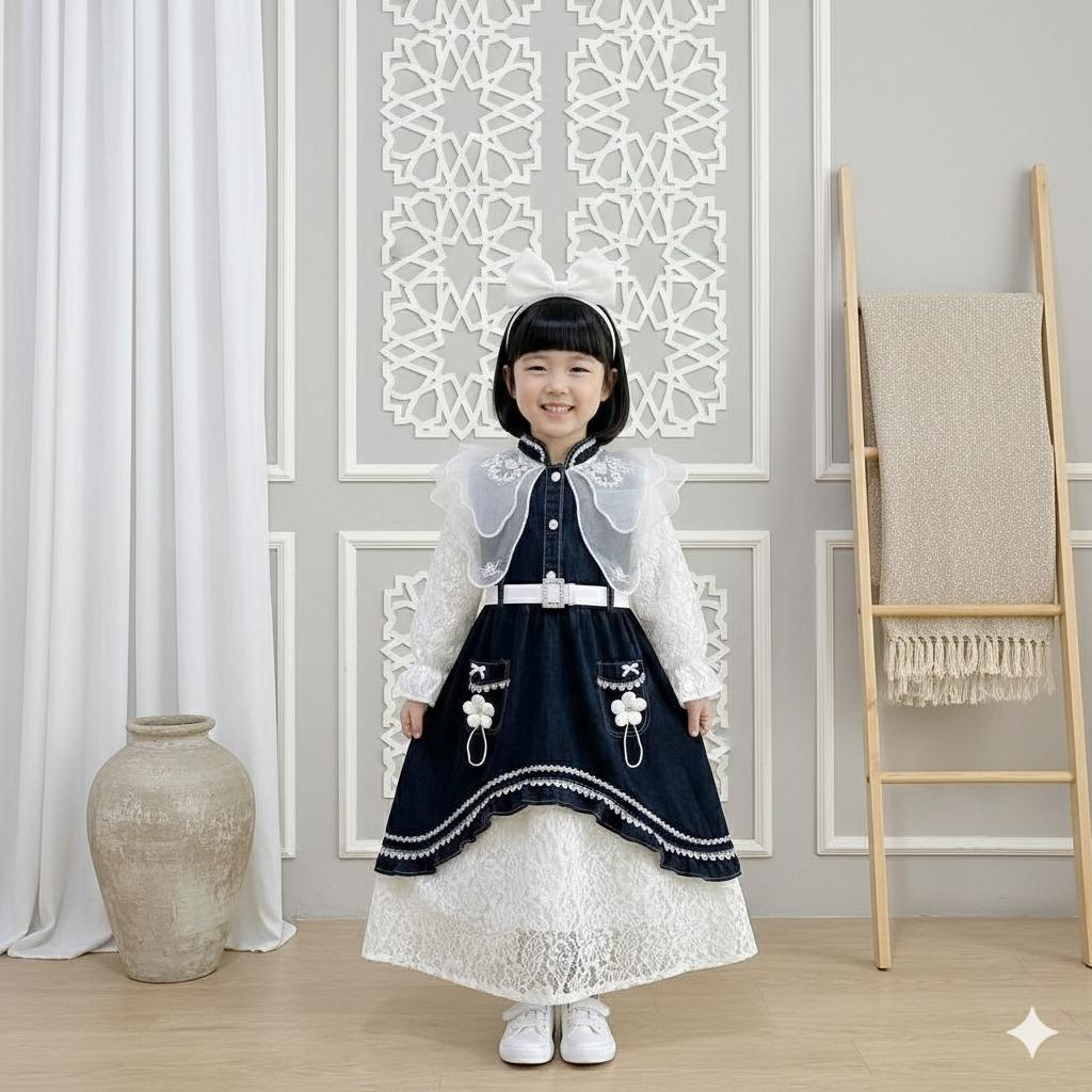 Nazella Gaun Jeans Snow Black Organza Farian Belt Putih untuk Anak Perempuan Usia 3-10 Tahun Baju Muslimah Lengan Panjang Kekinian Terbaru Viral 2026 Nazella Gaun Jeans Snow Black Organza Farian Belt Putih untuk Anak Perempuan Usia 3-10 Tahun Baju Muslimah Lengan Panjang Kekinian Terbaru Viral 2026