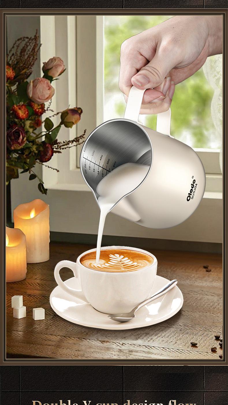 Product Introduction of Italian style stainless steel milk foam cup with handle and pointed mouth, milk tank, flower pot, professional coffee flower cup Tea 5