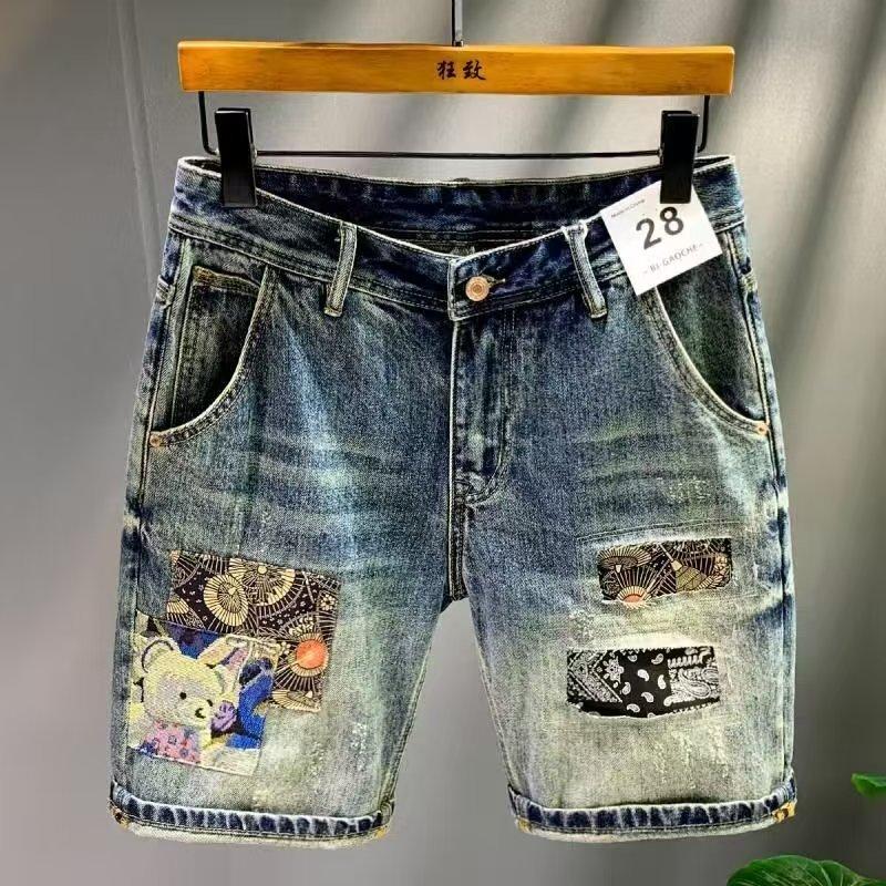Cậu bé Jean, Phong cách đường phố, Quy tắc Cá tính Quần Short Denim, Phong Cách Cổ Điển Màu Xanh Dương, Với Thiết Kế Chắp Vá, Cực Kỳ Bắt Mắt. Gấu Bông Dễ Thương, Phù Hợp Với Các Yếu Tố Hợp Xu hướng, Dễ Dàng Bắt Mắt, Phong Cách Đường Phố, Tạo Cảm Giác Ngầu