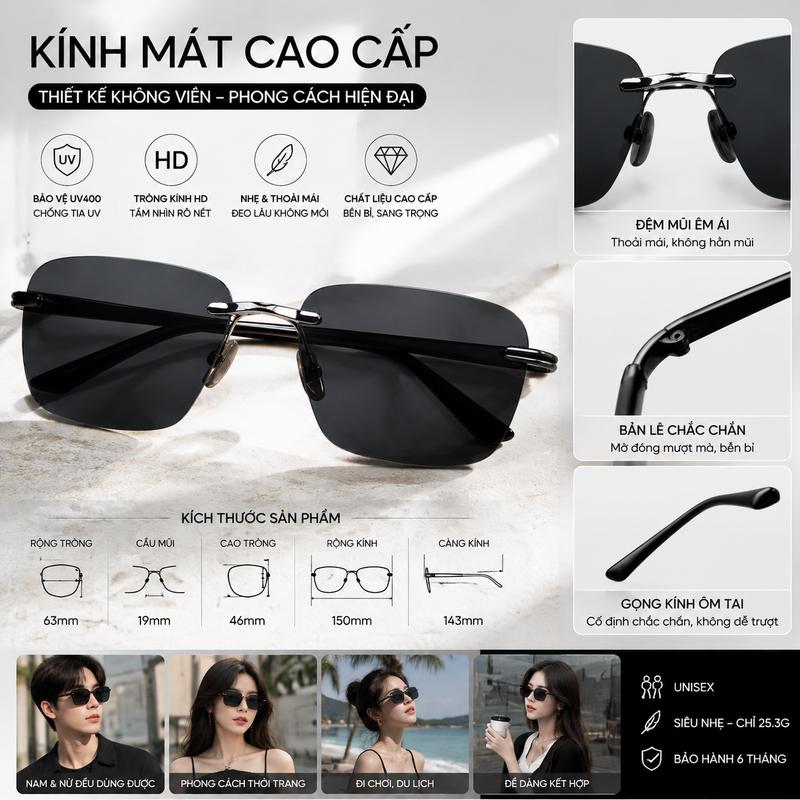 Kính Mát Không Viền Nam Nữ Cao Cấp, Kính Phân Cực Chống Chói UV400, Thiết Kế…