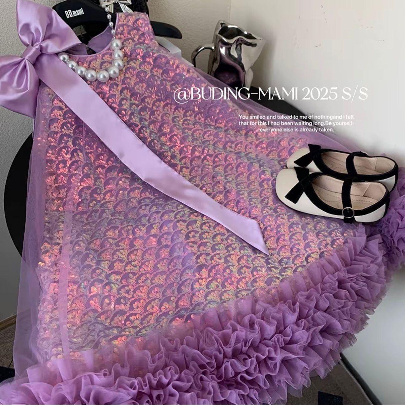 [KIDSFASHIONKOLEKSI] 1112 Dress Purpelia Fluffy Tile Ruffle with Big Bow Glitter Anak Perempuan