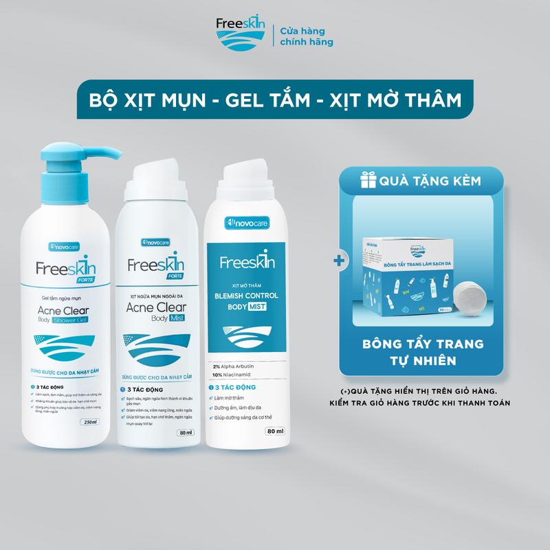 Combo Xịt mụn Freeskin 80ml & Gel tắm Freeskin 250ml & Xịt mờ thâm 80ml