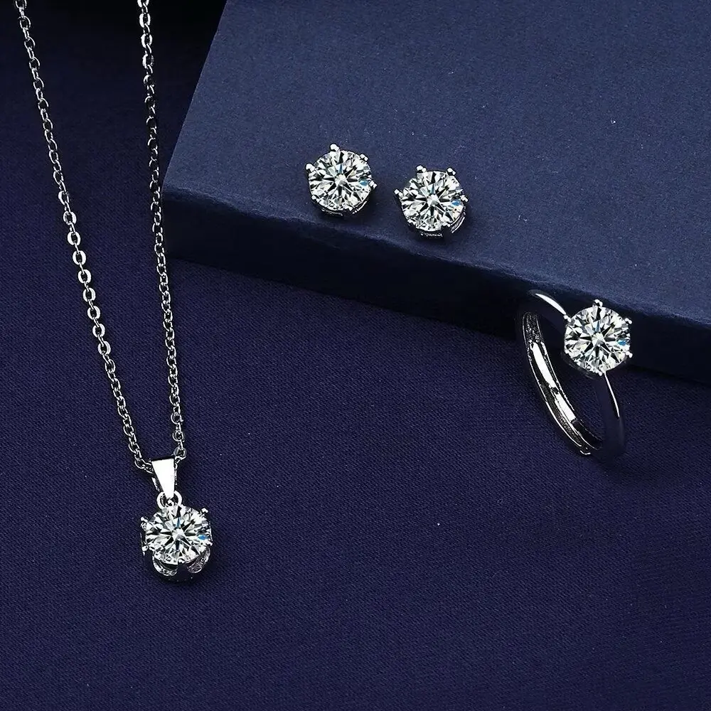 WAN-22 Kalung Cincin Anting Moissanite Set 3 Aksesori Wanita Asli 925 Berlian perak