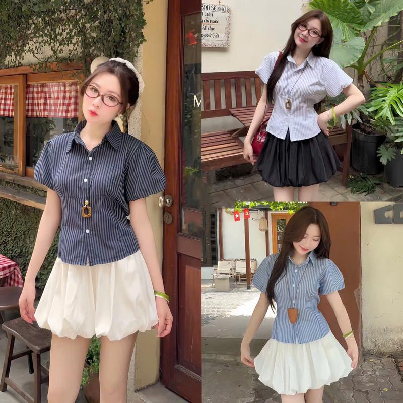 Áo sơ mi cộc kiểu kẻ tay bồng chất linen có dây thắt eo SUMIISHOP mã A15