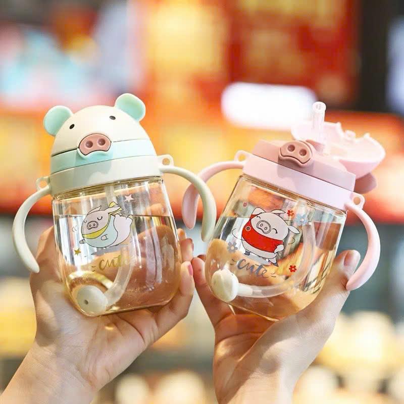 Bình Nước Cho Bé Hình Heo CUTE Có Ống Hút Chống Sặc - Bình Tập Uống Cao Cấp Có Quai Cầm