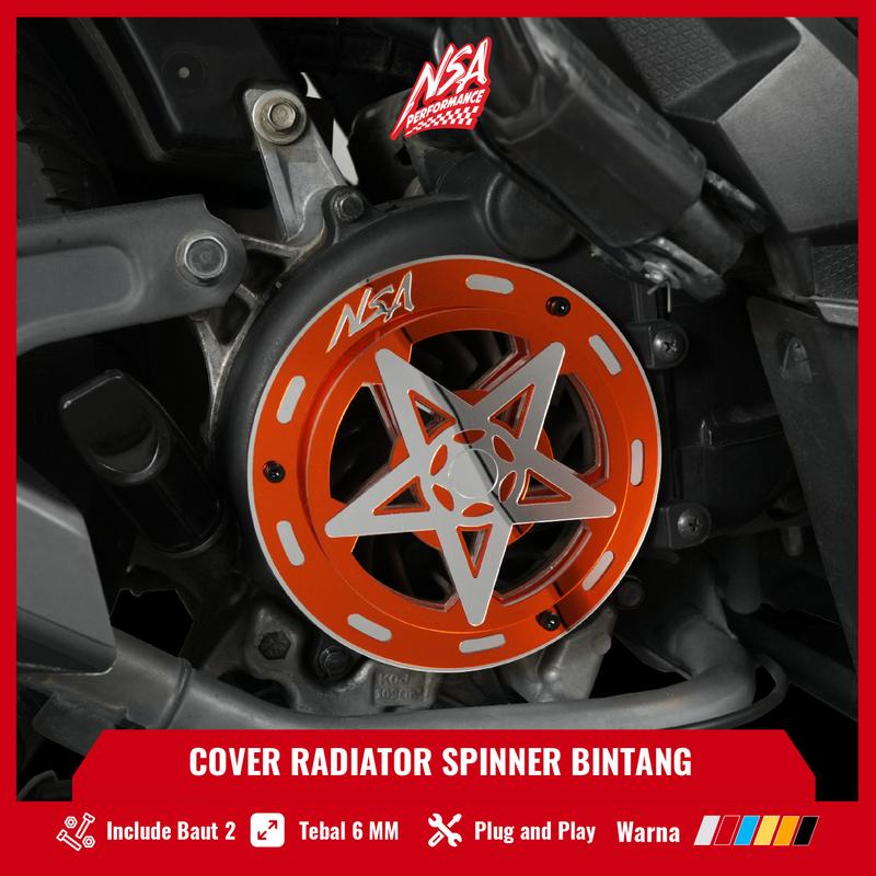 NSA COVER KIPAS SPINER TYPE BINTANG BLACK SERIES Beat Scoopy Vespa Mio Filano Fazzio TUTUP PELINDUNG KIPAS RADIATOR Universal Baut Gold Motor cover  radiator Motorcycle Orange 6