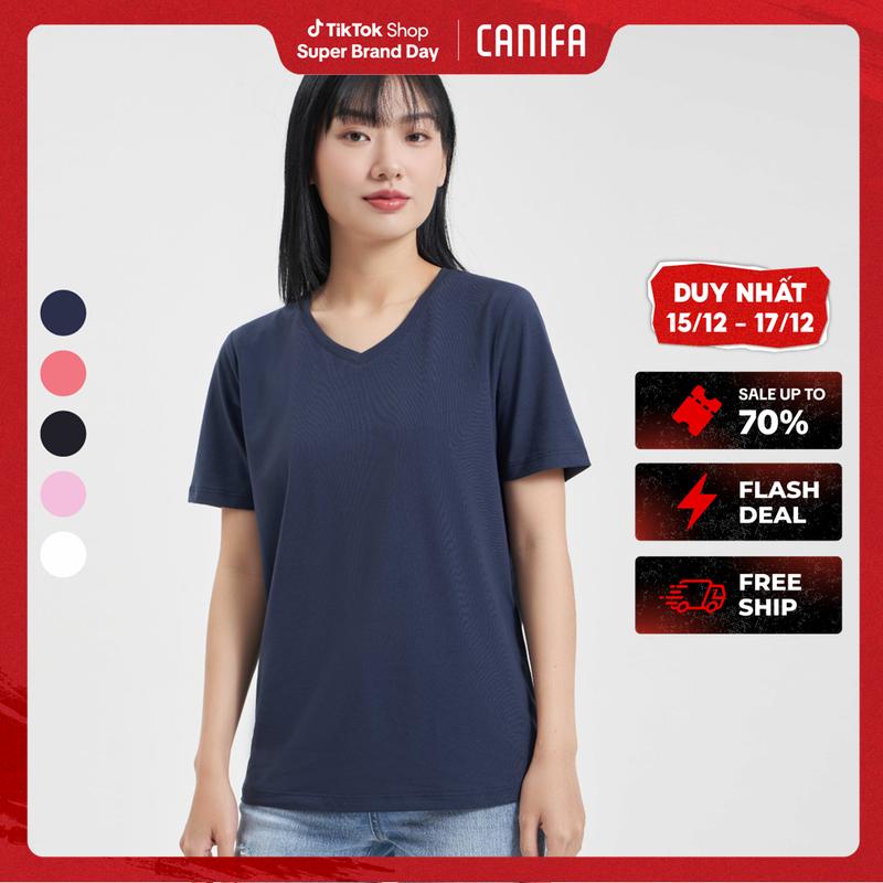   SBD 15-17 12  Áo phông nữ CANIFA áo thun basic cộc tay cổ tim chất liệu cotton pha 6TS24A004 