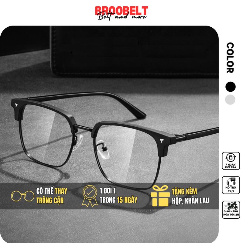 Gọng kính cận nam nữ nửa gọng thời trang mắt vuông chống ánh sáng xanh, tia UV tặng kèm hộp và khăn