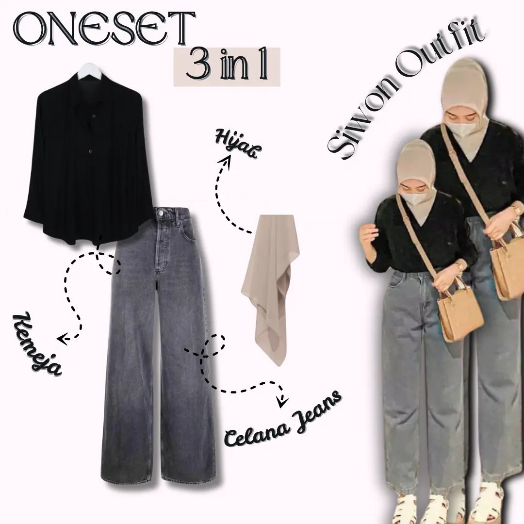 Oneset Kekinian Oneset Kece 3in1 Siwon Outfit (Kemeja Hitam+Jeans snow black+Bella square Khaki)021