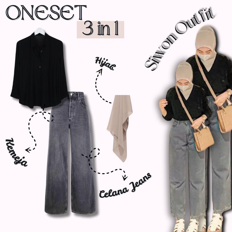Oneset Kekinian Oneset Kece 3in1 Siwon Outfit (Kemeja Hitam+Jeans snow black+Bella square Khaki)021 0