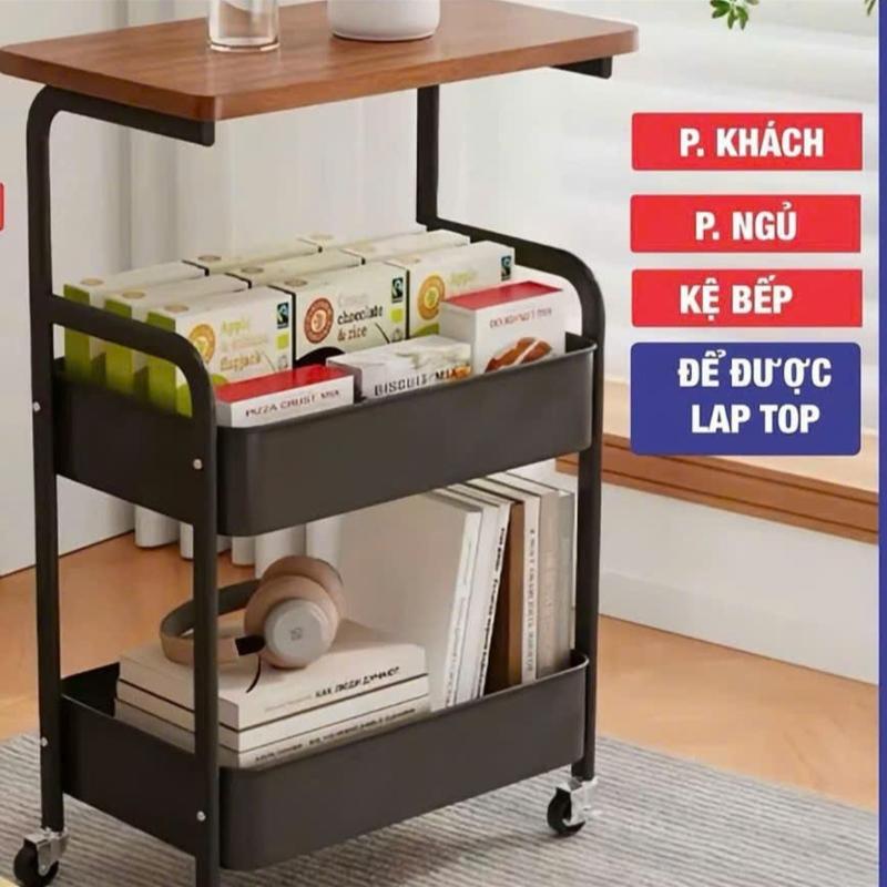 HH01 KỆ 3 TẦNG CÓ BÁNH XE (Chắc chắn) , mặt bàn gỗ MDF-decor phòng khách, phòng ngủ, phòng bếp, kệ bánh xe khóa được PHH