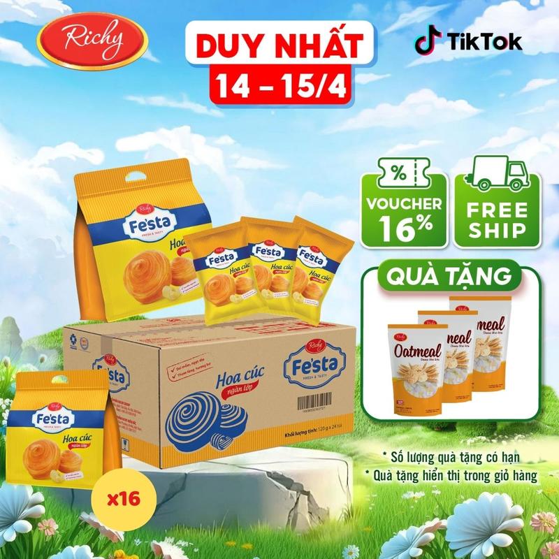[14.4 - 15.4 Tặng 3 yến mạch] Thùng bánh mì hoa cúc ngàn lớp Fes'ta vị truyền thồng và vị mới Việt Quất 16 túi/thùng ( 3 gói/túi)