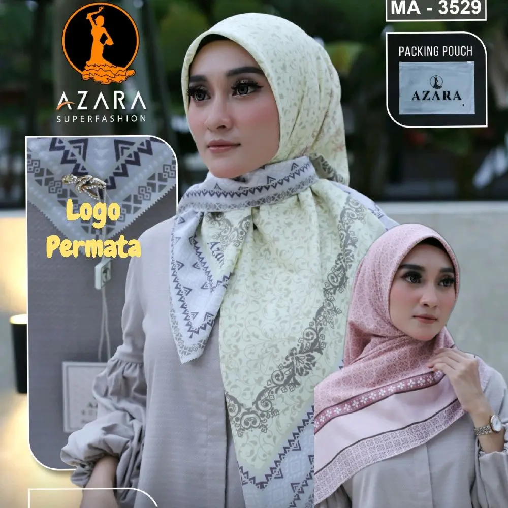 Hijab Segiempat Motif Azara Sultan Kemasan Pouch Ukuran Standar Bahan Voal Premium Logo manik manik mewah